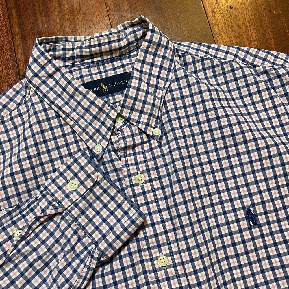Ralph Lauren Shirt Men Extra Large Blue Pink Plaid Check Preppy Office Casual